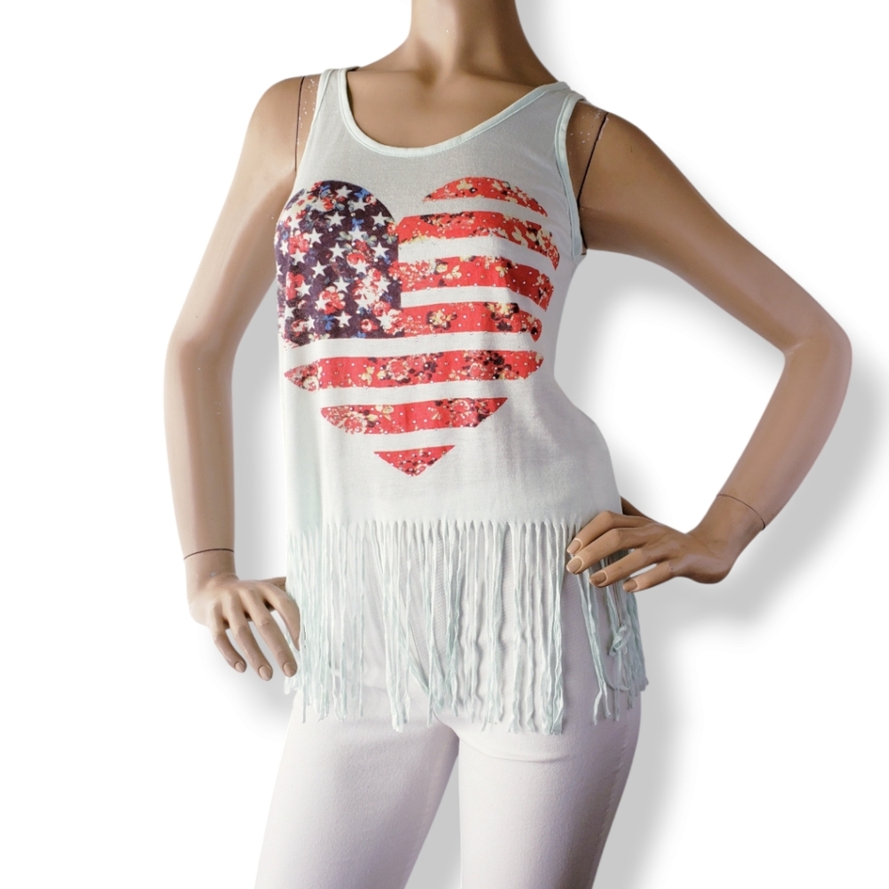 Mint Green Heart-Shaped U.S. Flag Print Fringe Hem Tank Top